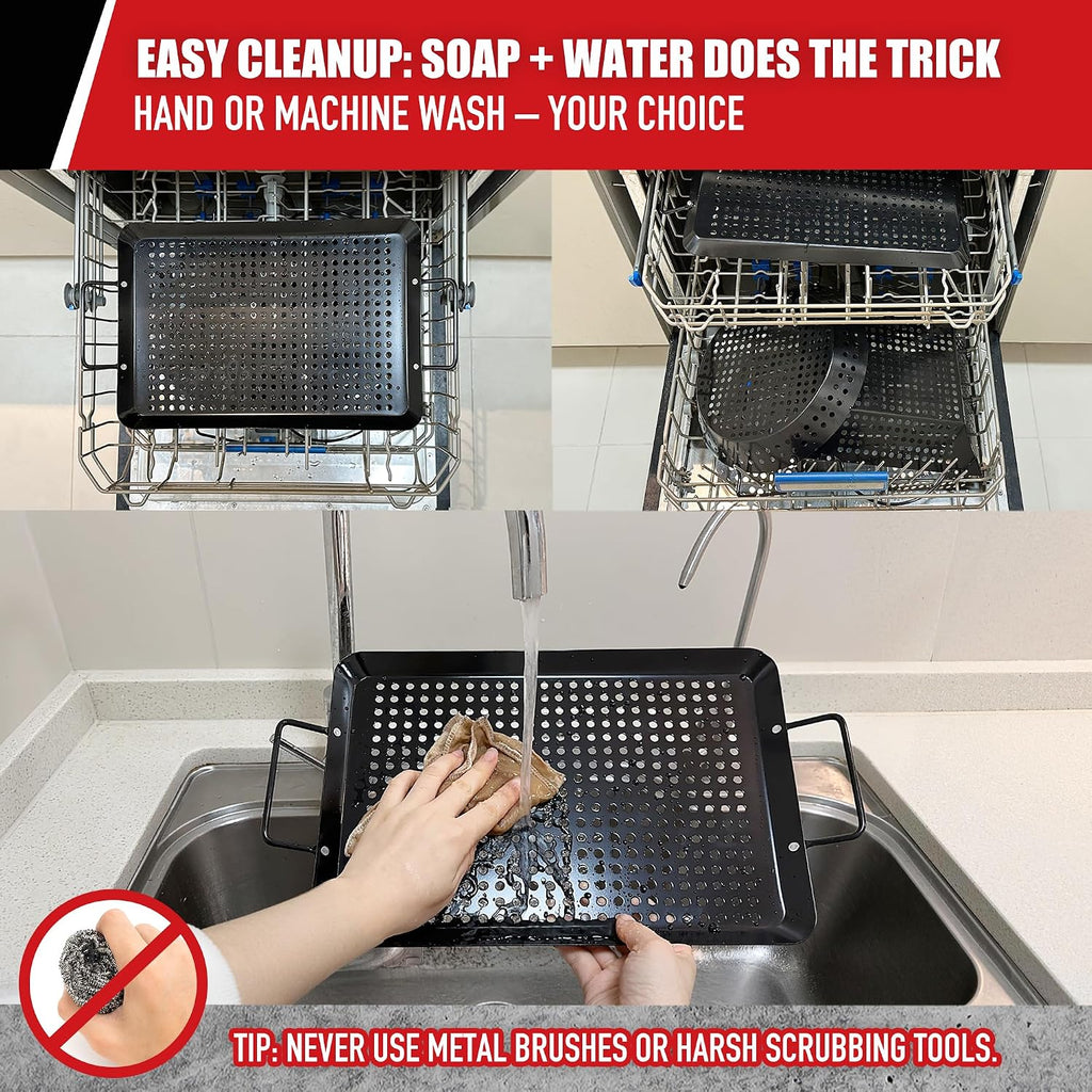 Qetumst Large 3 PCS Grill Basket Set for Outdoor Grill, Veggie Grilling Pan | Heavy duty grilling accessories. Vegetable grill baskets for veggies, seafood & meat. Warp resistant grill pan with handles.