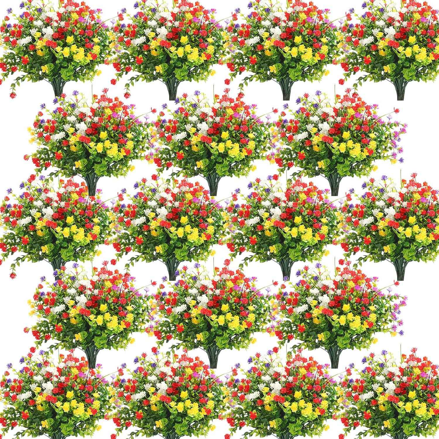 WILLBOND 48 Bundles Artificial Flowers Outdoor,UV Resistant Faux Plastic Plants Greenery Shrubs Flower Bulk for Hanging Planter Porch Window Home Wedding Spring Summer Decor (Fresh Color)