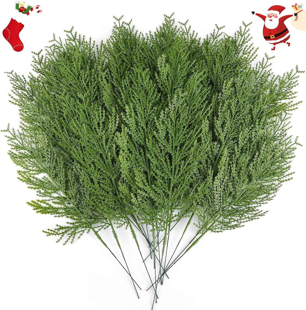 Hananona 40 Pcs Artificial Cedar Picks Faux Cedar Branches Fake Cypress Stems Plastic Pine Greenery Christmas Picks and Sprays DIY Accessories for Crafts Wreath Holiday Home Decor (40, Green)