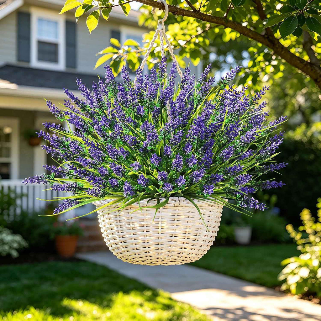 24 Bundles Faux Outdoor Plants, UV Resistant Artificial Fake Lavender Flowers with Monkey Grass for Outdoors, Realistic Faux Lavender Greenery Shrubs for Porch Yard Garden Window Box Home Decor