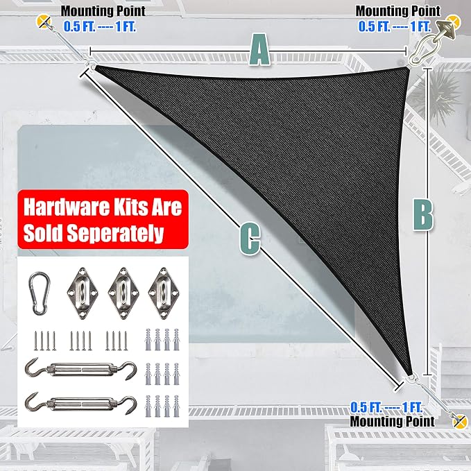 Amgo Custom Size 8' x 10' x 12.8' Black Right Triangle Sun Shade Sail Order to - Image 7