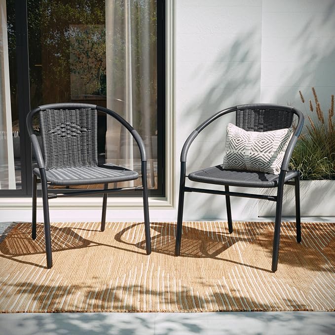 Flash Furniture Lila 2 Pack Gray Rattan Indoor-Outdoor Restaurant Stack Chair - Image 2