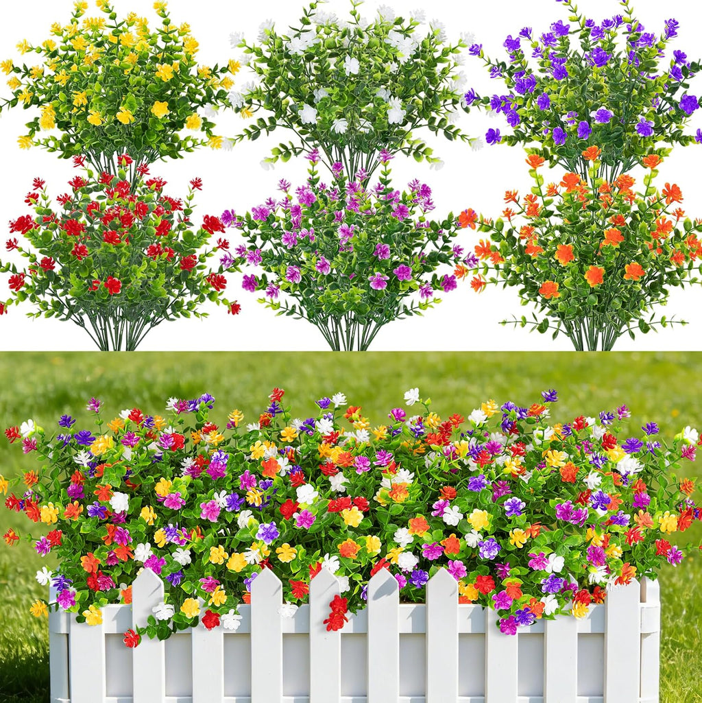 24 Bundles Artificial Flowers for Outdoors, Mixed Color | Faux plastic flowers, UV resistant, fake greenery shrubs plants, spring summer porch window garden planter home decor