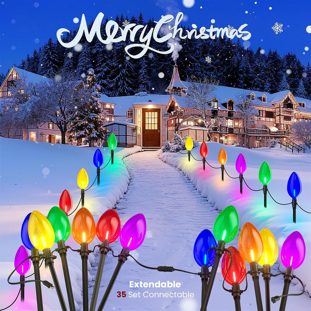 Outdoor Jumbo C9 Christmas Pathway Lights, 23FT Connectable Walkway Lights with 12 Multicolor LED Bulbs for Driveway Yard Lawn Garden