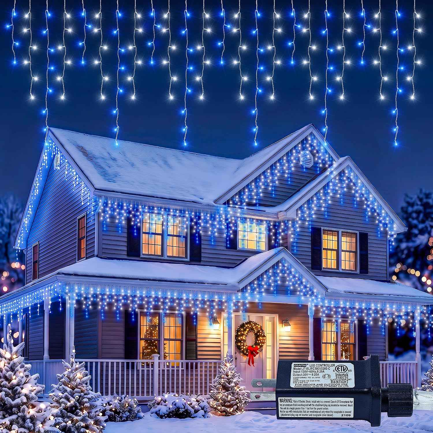 Christmas Icicle Lights Outdoor,300 LED 33FT Hanging String Lights | 50 Drops Connectable,8 Modes & Memory, Plug In Hanging Twinkle Lights for Bedroom,Curtain,Roof,Party,Xmas Decor,Blue White