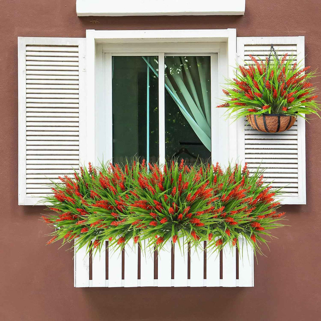 Sggvecsy 12 Bundles Artificial Plants Outdoor Faux Lavender Flowers Fake Monkey Grass UV Resistant Plastic Greenery Plants for Garden Home Porch Window Patio Hanging Planter Indoor Decor (Red)