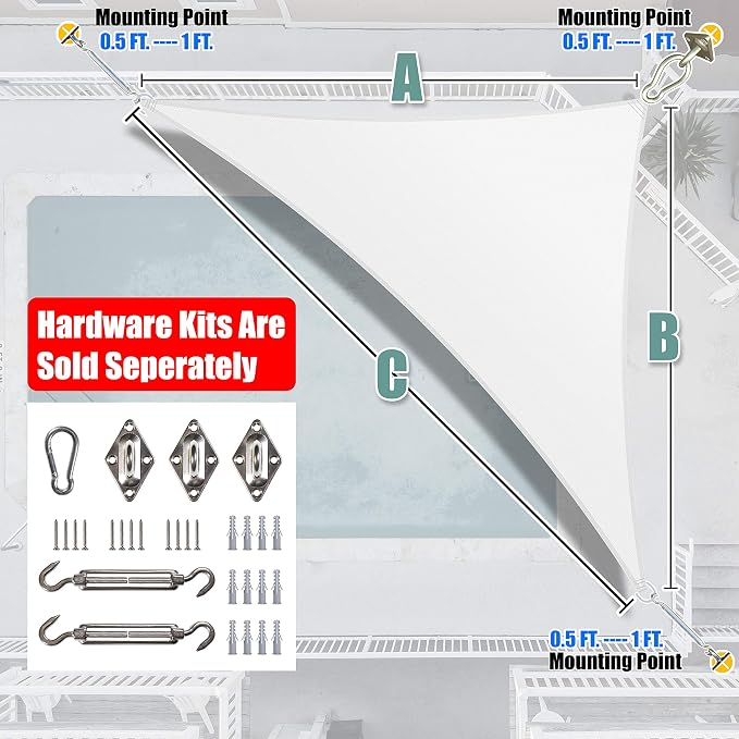 Amgo Custom Size 8' x 9' x 12' White Right Triangle Sun Shade Sail Order to - Image 7