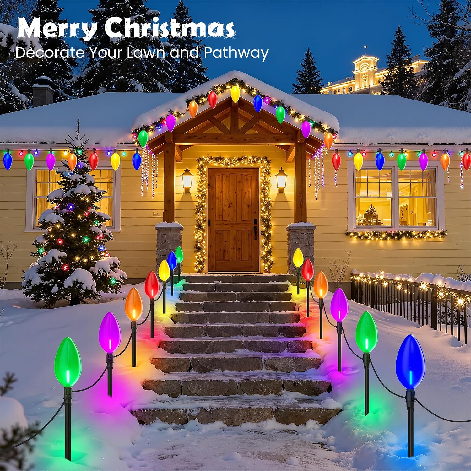 Outdoor Jumbo C9 Christmas Pathway Lights, 23FT Connectable Walkway Lights with 12 Multicolor LED Bulbs for Driveway Yard Lawn Garden