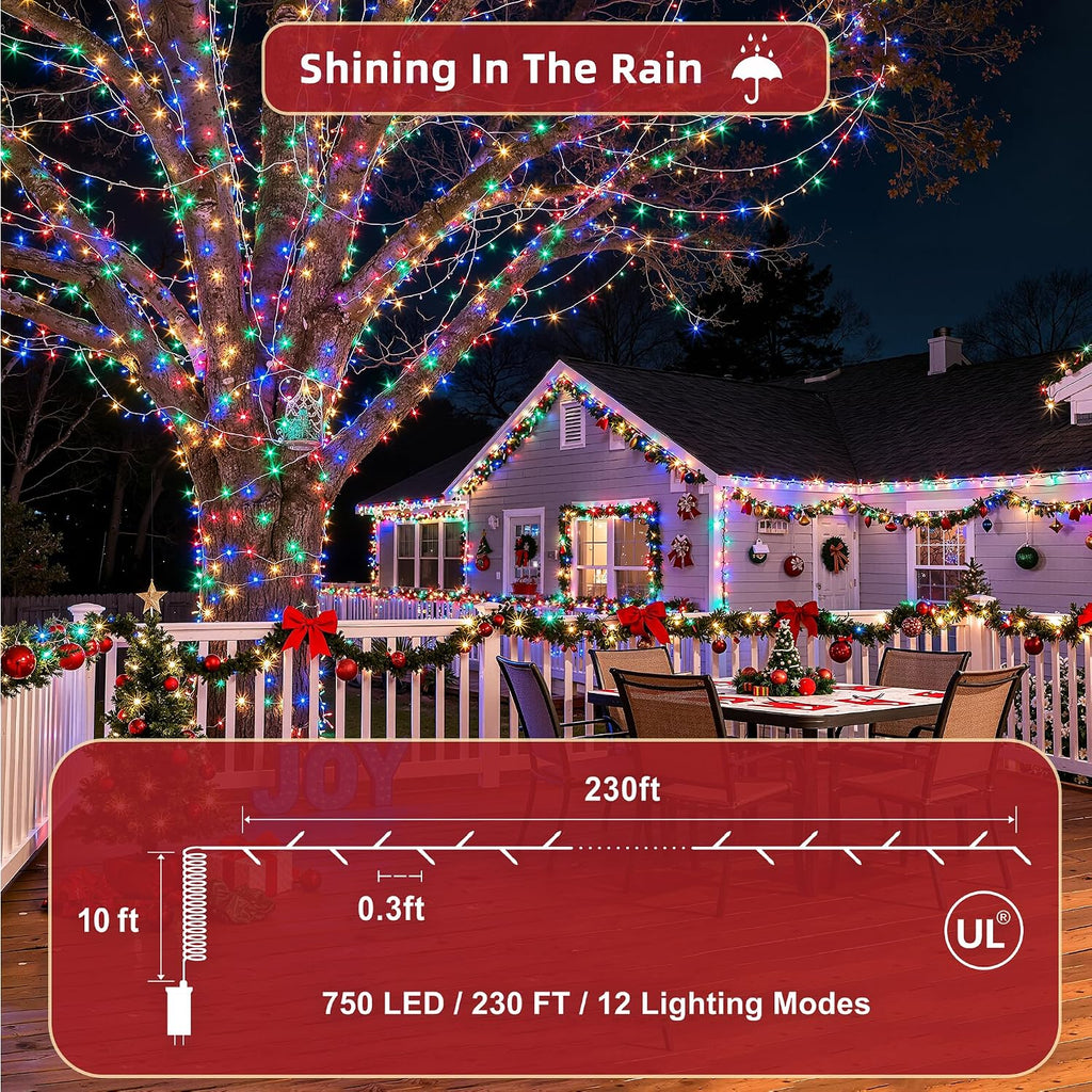 240FT Christmas Lights Outdoor, 750 LED Christmas Tree Decoration Lights with 12 Modes & Timer Memory, Dimmable Plug In Waterproof LED Xmas Light for Yard Trees Wedding Party Holiday Multicolor