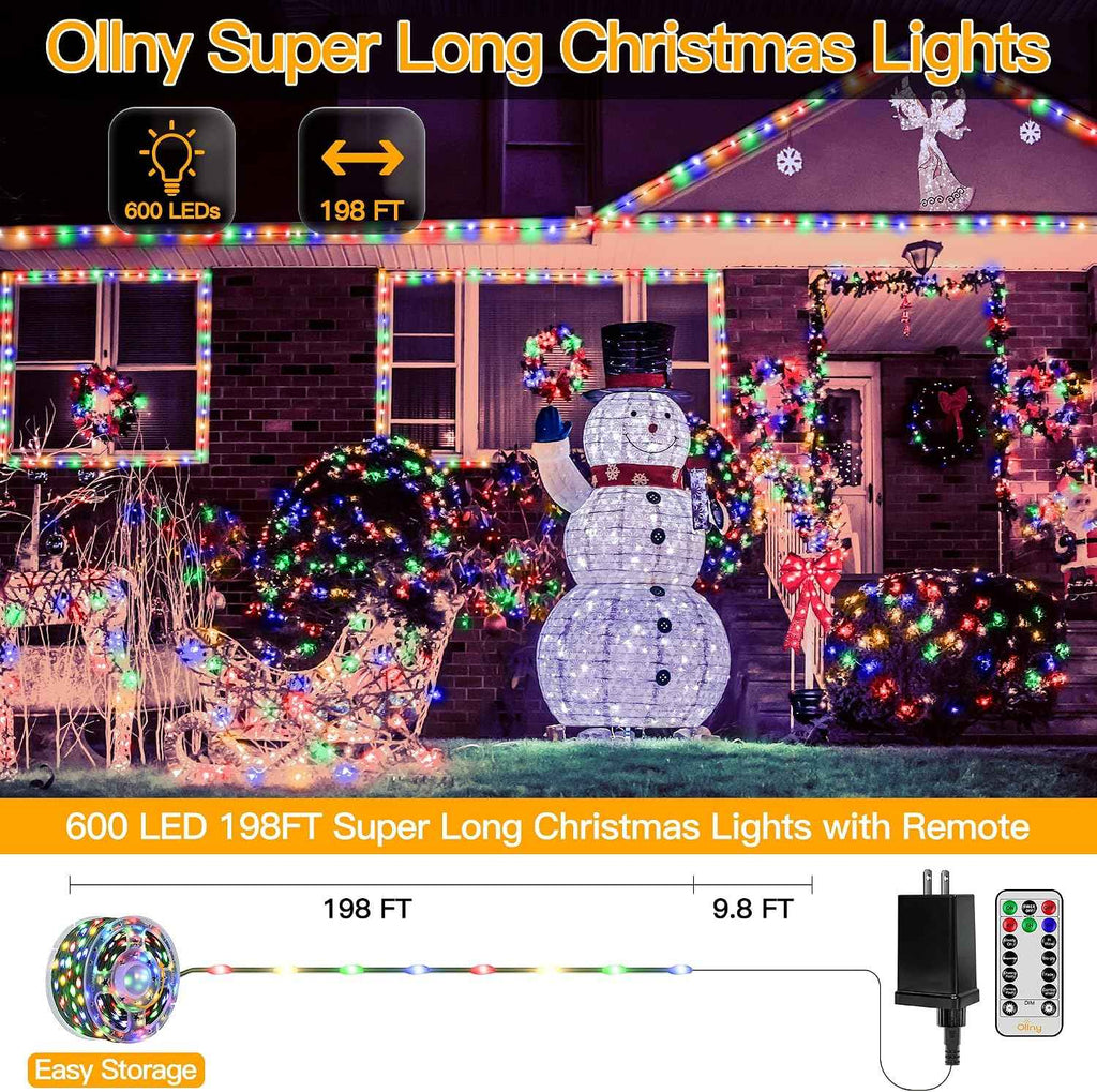 Ollny Christmas Lights, 198 FT 600 LED Outdoor Waterproof Plug in Christmas Tree Lights with 8 Modes Remote Timer, String Lights for House Yard Outside Indoor Xmas Decorations Multicolor