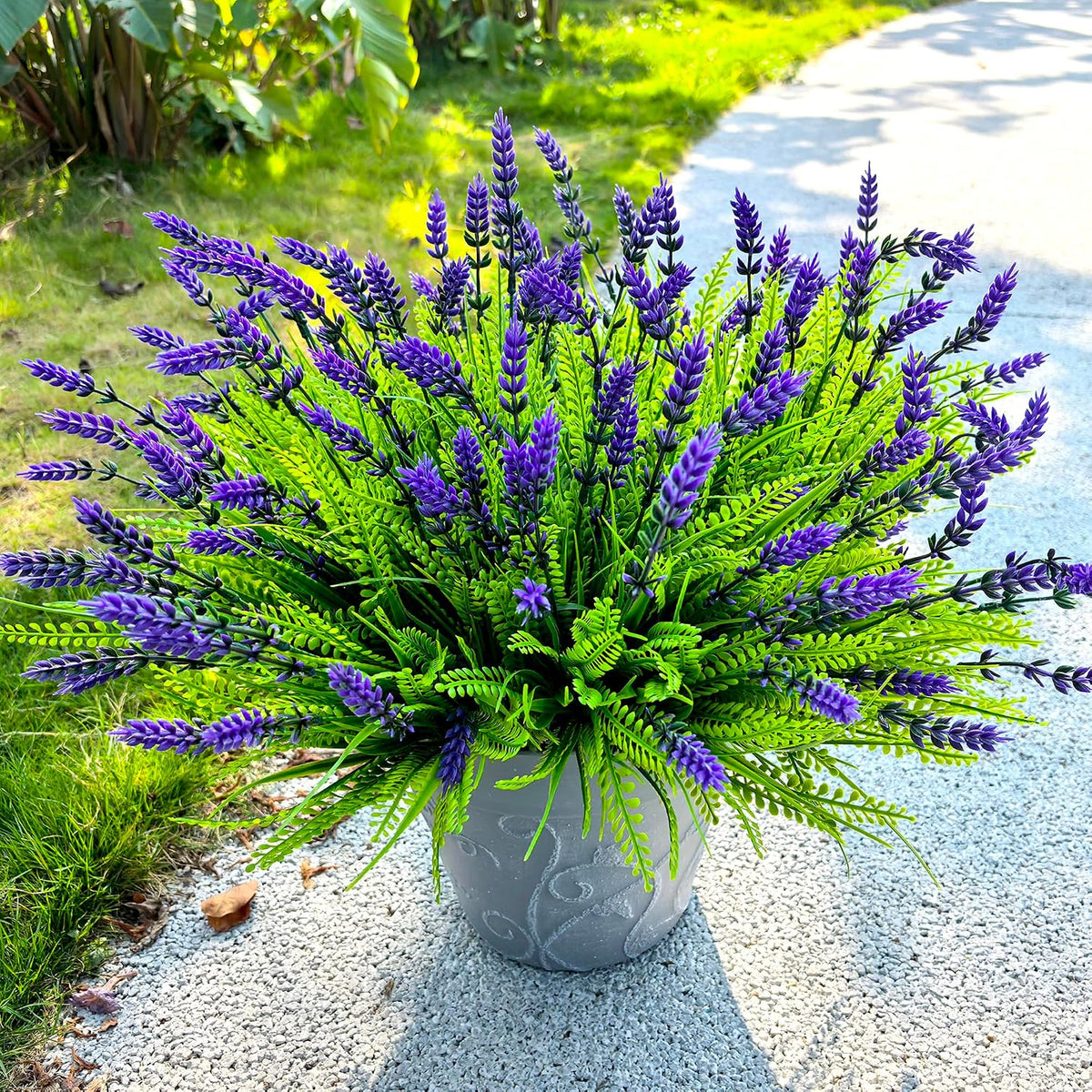 Artificial Plants Outdoor Faux Plants UV Resistant, 17.8" Realistic Faux Artificial Flowers Outdoor Fake Lavender with Monkey Grass Plastic Greenery Shrubs for Porch Garden Patio Window Box