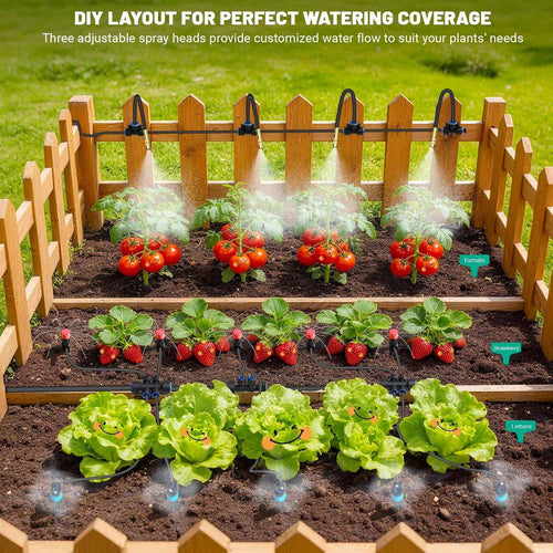100FT Drip Irrigation Kit with 30 Emitters, 3 Spray Types, Push-Fit System | Quick-connect Fittings, Save water, Leak-free, Automatic Plant Watering Sprinkler System for Greenhouse, Potted, Raised Bed