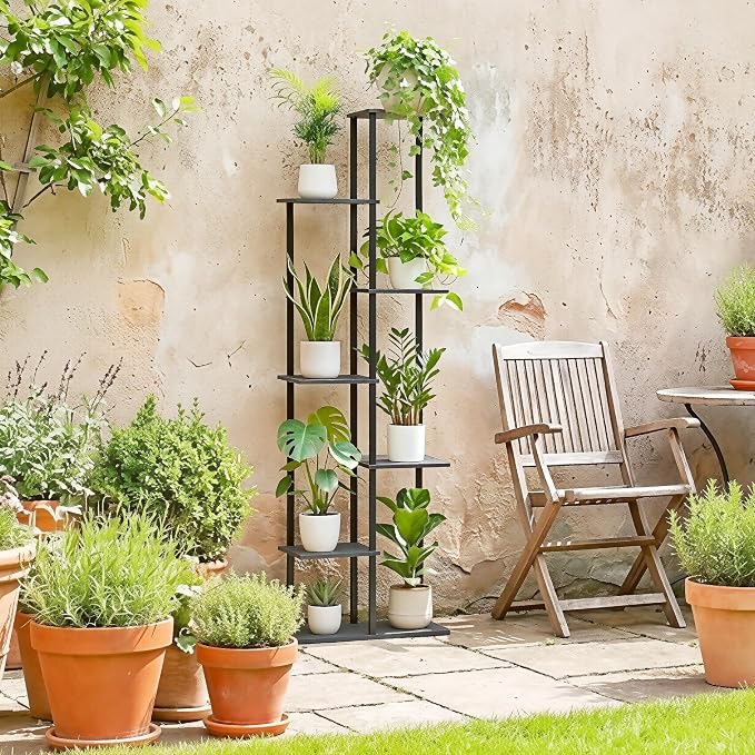 Plant Stand Indoor 7 Tier 8 Potted Metal Wood Plant Shelf, Oak Grey - Image 6
