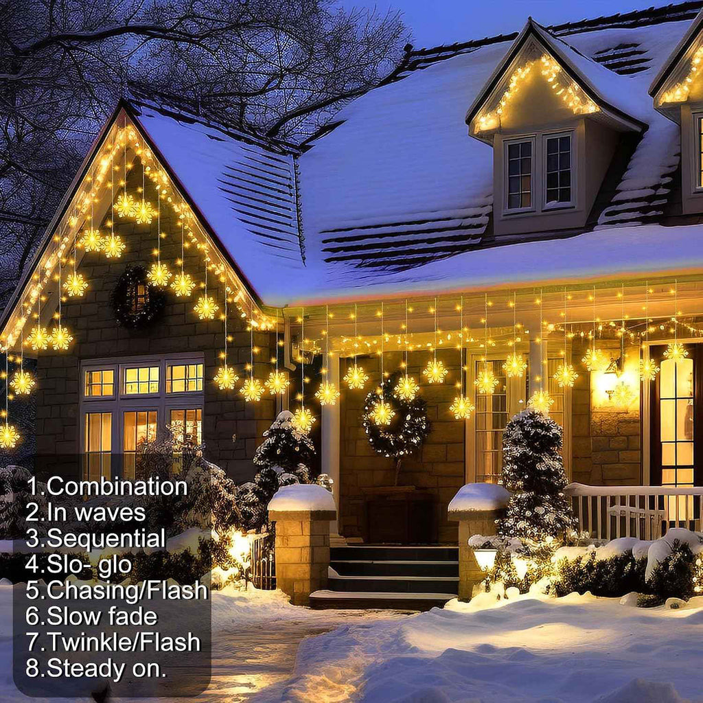 150 LED Christmas Icicle Lights with Snowflakes, Hanging Snowflake Light with 8 Modes, Connectable Warm White Icicle Lights for Outside, Roof, Window, Holiday Party Decor