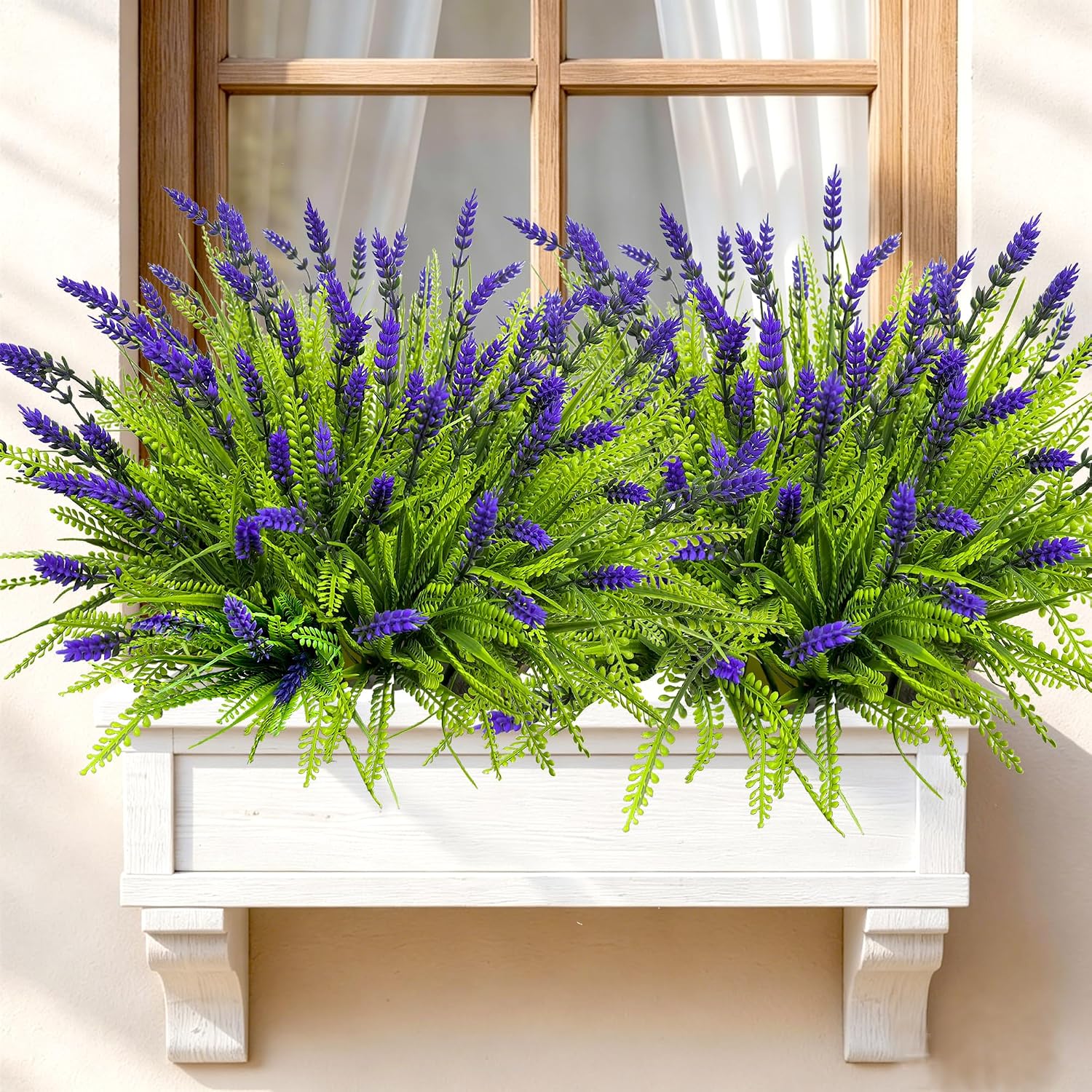 Artificial Plants Outdoor Faux Plants UV Resistant, 17.8" Realistic Faux Artificial Flowers Outdoor Fake Lavender with Monkey Grass Plastic Greenery Shrubs for Porch Garden Patio Window Box