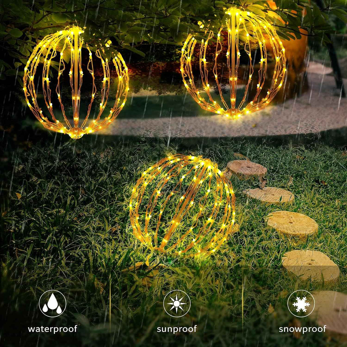 16 Inch Christmas LED Light Globes, 3 Pack Warm White Hanging Decor | 8 Lighting Modes, 3 Timer Modes, Folding Design, Waterproof, Indoor Outdoor Holiday Decor