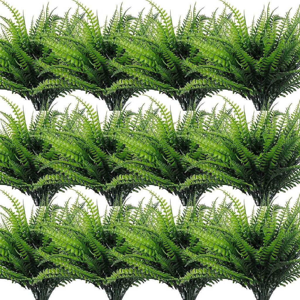 TURNMEON 20 Bundles Artificial Plants Outdoor Faux Boston Fern Summer Decor | 17 Inch Long Length Fake Plants UV Resistant No Fade Plastic Greenery Shrubs Flowers for Garden Porch Indoor Cemetery Decor