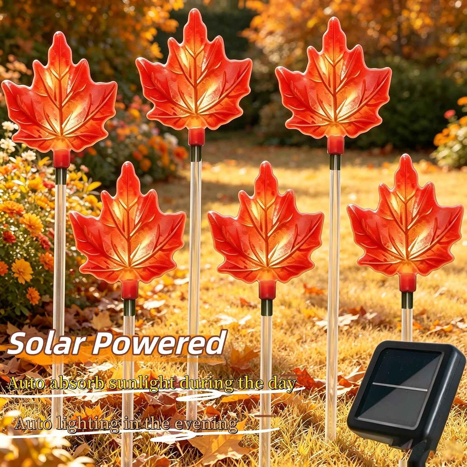 Solar Fall Pathway Lights - 6 Pack Outdoor Path Maple Leaf Light, 8 Lighting Modes, Waterproof Garden Stake Lights for Autumn, Thanksgiving, Halloween, Landscae Decor