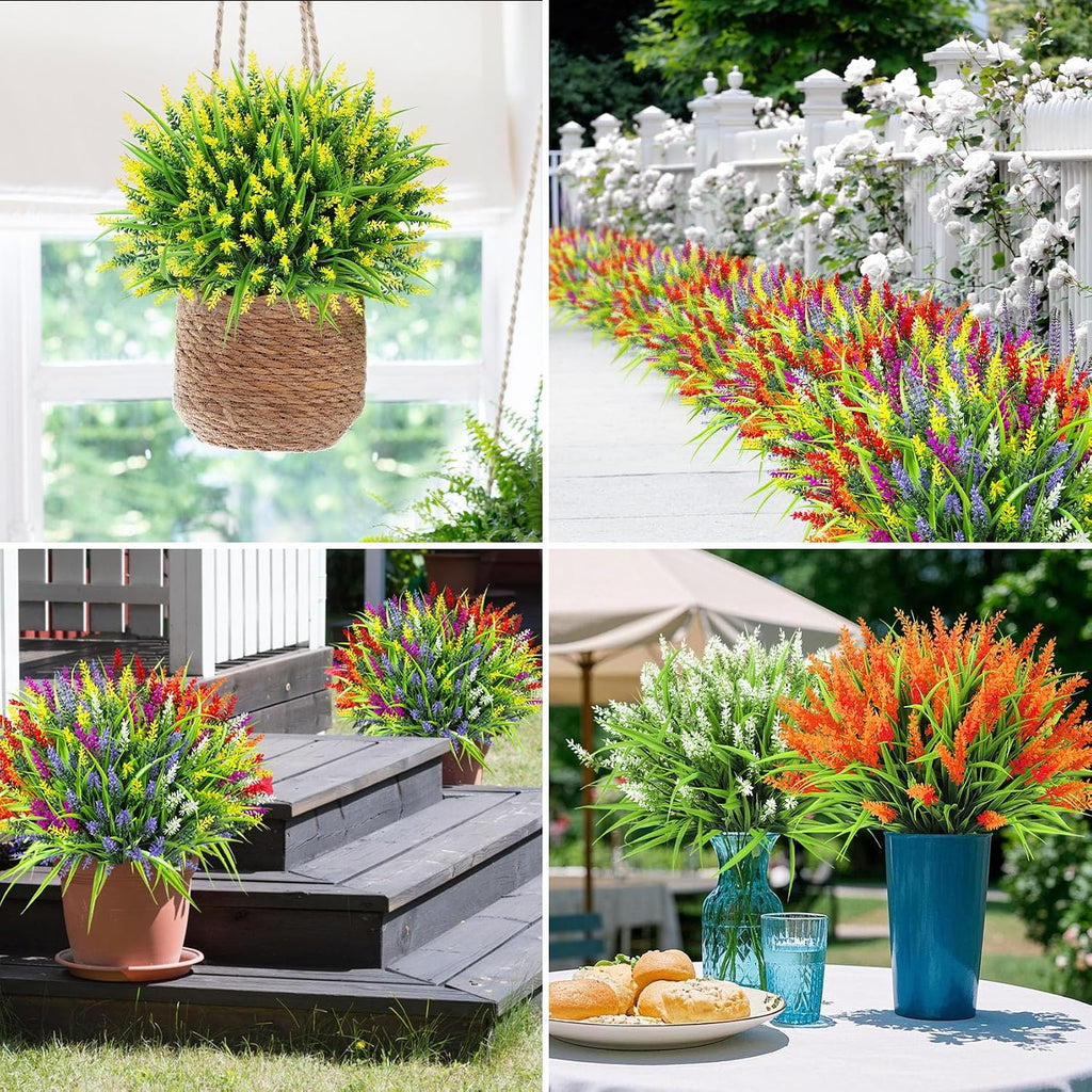 Ouddy Decor 24 Pcs Artificial Flowers for Outdoors Fake Lavender, Mixed | Realistic plastic flowers, faux monkey grass shrubs, UV resistant, for porch garden window box office home decorations