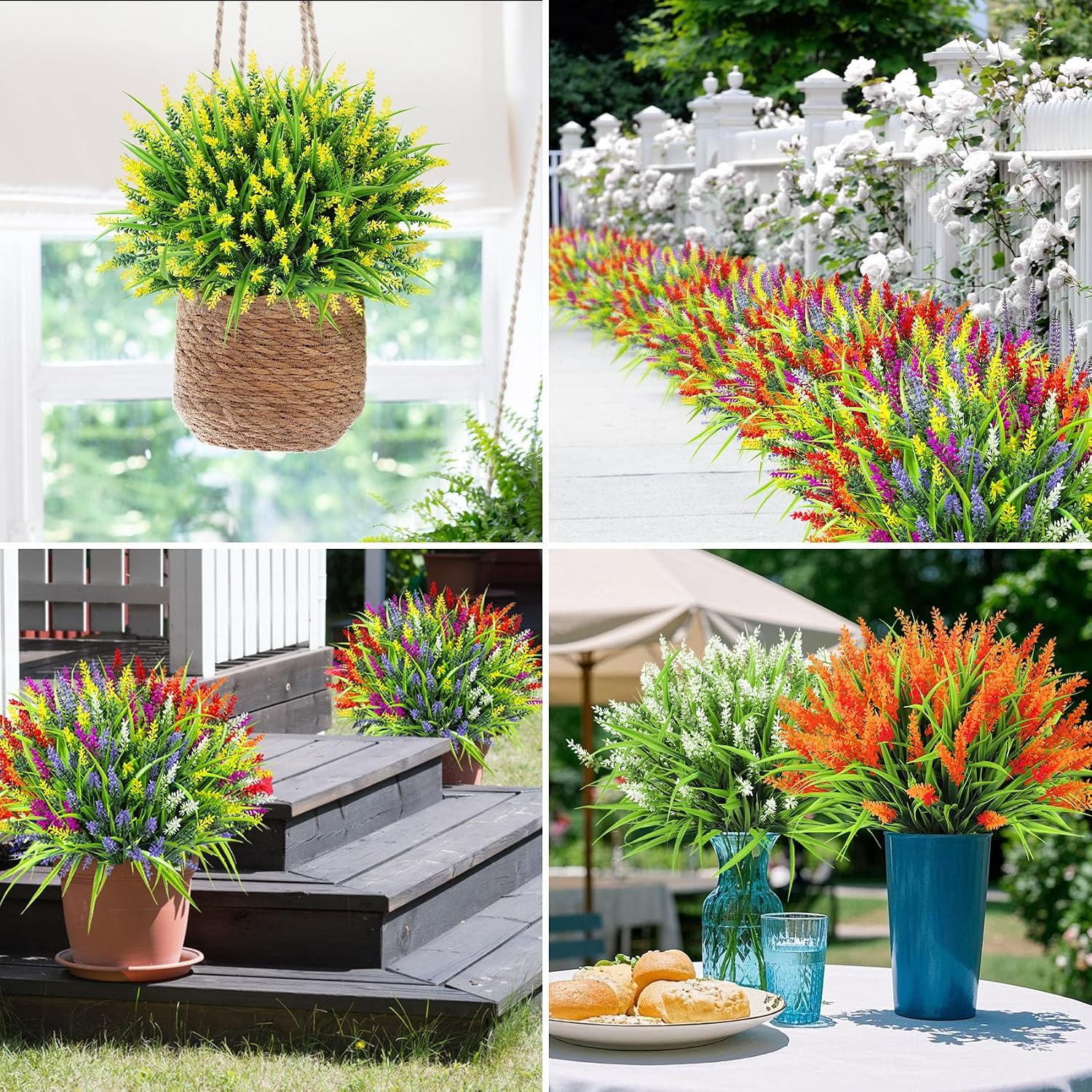 Ouddy Decor 24 Pcs Artificial Flowers for Outdoors Fake Lavender, Mixed | Realistic plastic flowers, faux monkey grass shrubs, UV resistant, for porch garden window box office home decorations