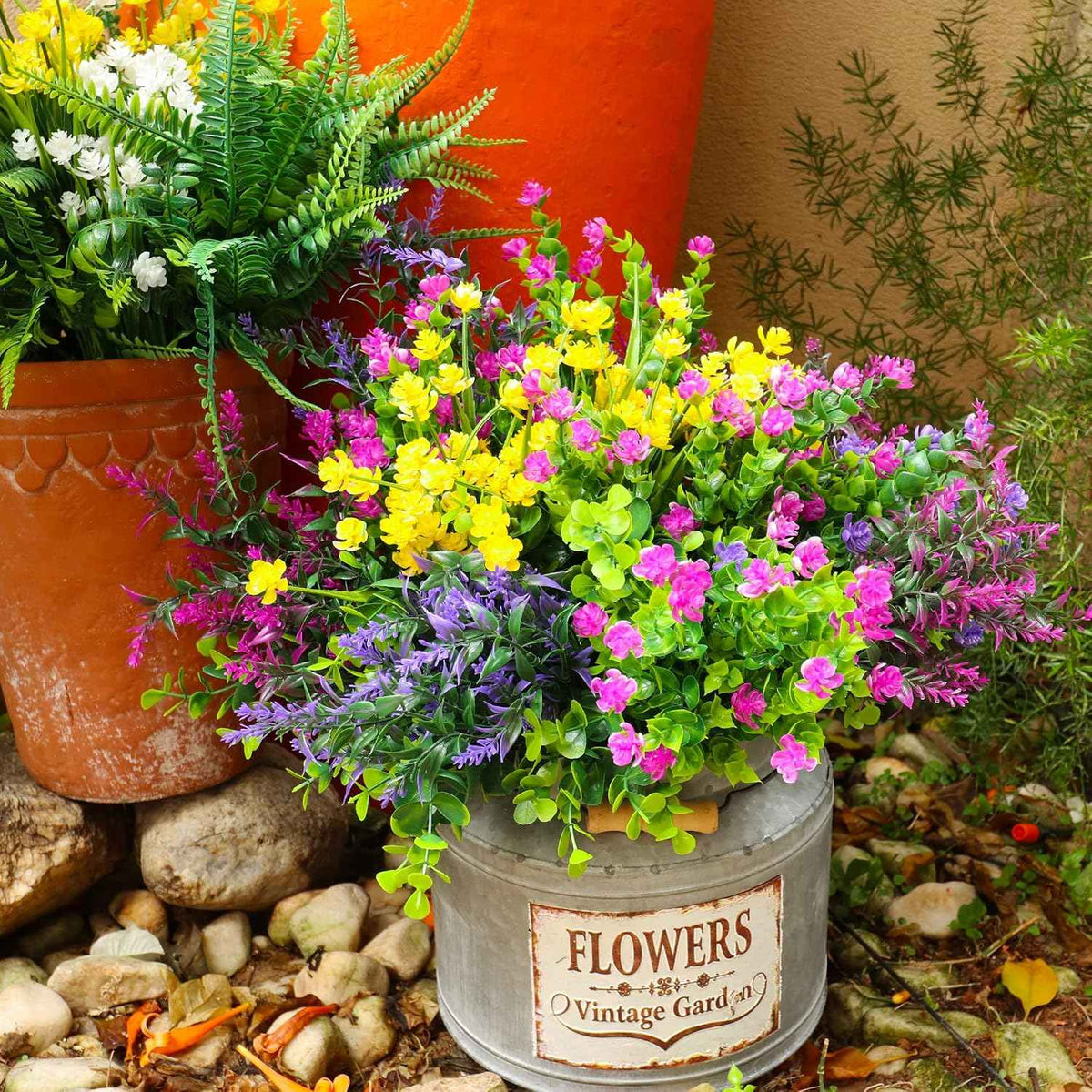 24 Bundles Artificial Fake Flowers Outdoor, 6 Styles UV Resistant No Fade Faux Plastic Greenery Shrubs Plants for Hanging Garden Porch Window Box Farmhouse Outside Decoration