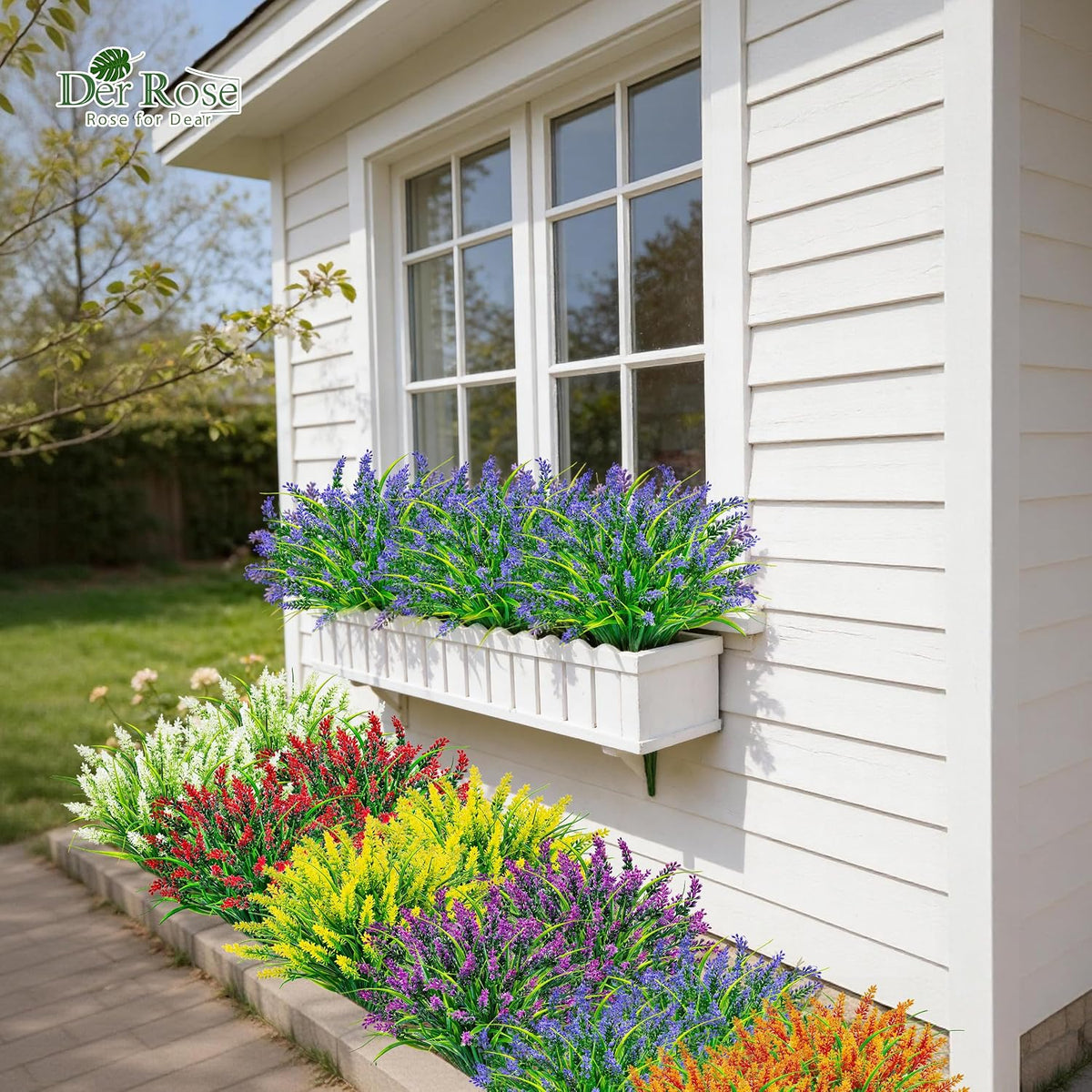 Der Rose 24 Bundles Artificial Plants Outdoor Fake Lavender Flowers UV Resistant Faux Plants Monkey Grass for Garden Porch Fence Patio Window Box Decor（Colorful）