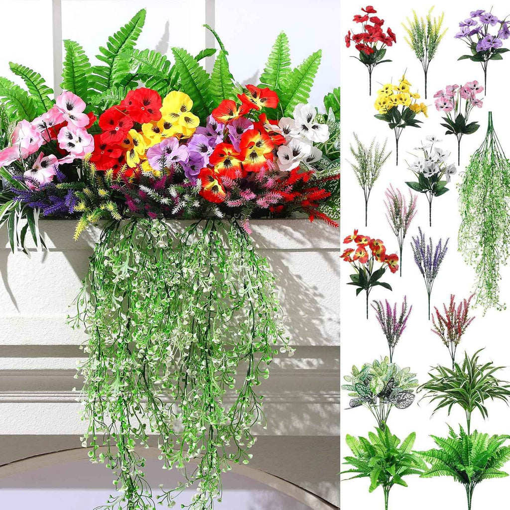 Daifunli 24 Pcs Artificial Plants for Outdoor, Fake Flowers Greenery UV Resistant Faux Plant Stems Shrubs Hanging Porch Patio Garden Window Box Home Wedding Summer Spring Decor(Mix Color)