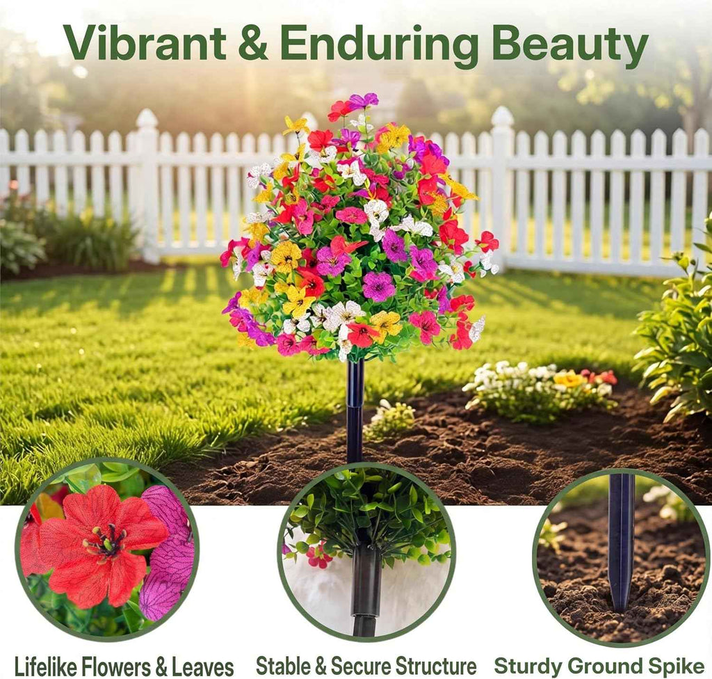 2 Pack Artificial Boxwood Topiary Ball Tree with Violet Flowers, 23.6" UV Resistant Faux Greenery Shrubs Plants with Ground Spike for Outdoors, Fake Bushes for Garden Front Porch Yard Decor
