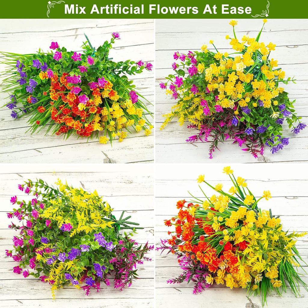 Ouddy Decor 16 Pcs Artificial Flowers for Outdoors Decorations, Mixed Color | fake plastic plants, faux shrubs, greenery wheat grass, UV resistant, garden patio window box office table kitchen home decor