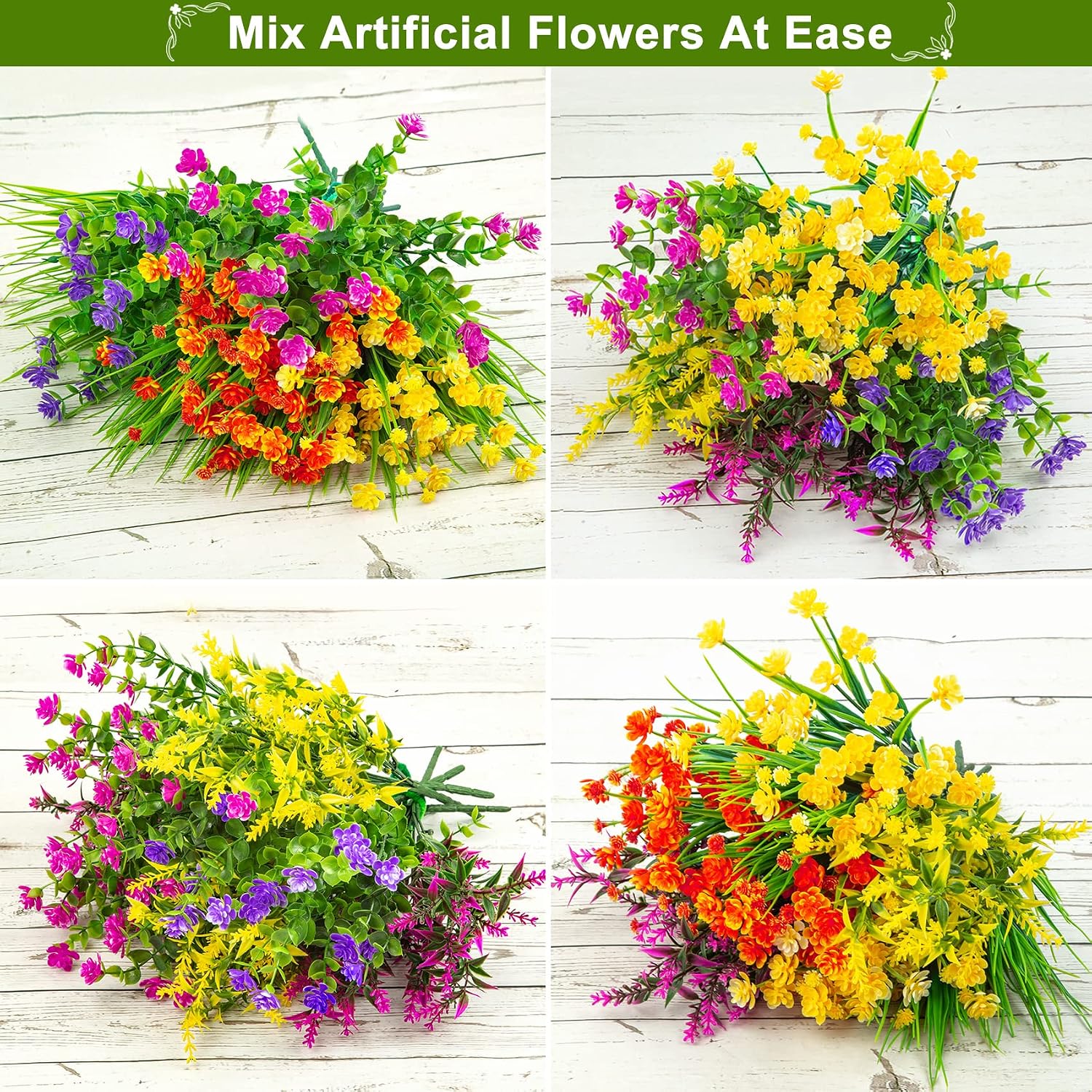 Ouddy Decor 16 Pcs Artificial Flowers for Outdoors Decorations, Mixed Color | fake plastic plants, faux shrubs, greenery wheat grass, UV resistant, garden patio window box office table kitchen home decor