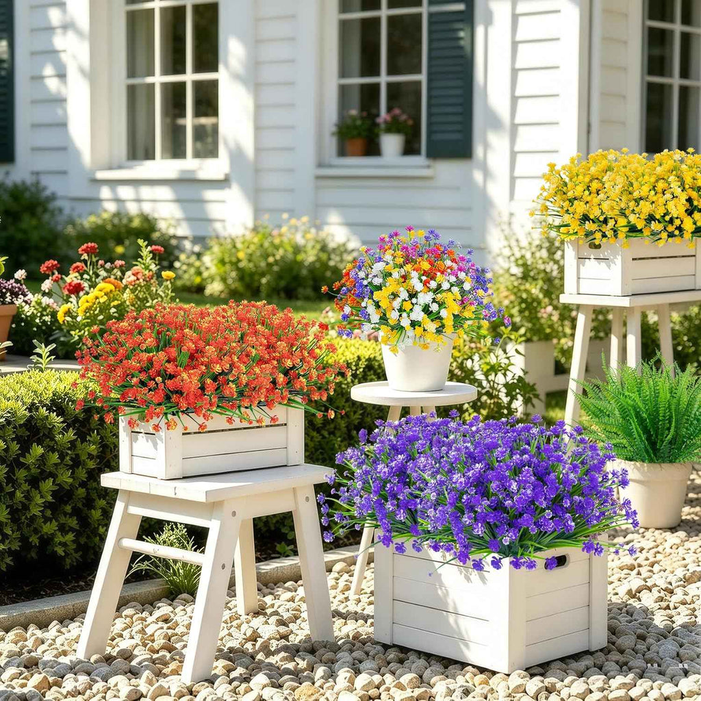 Ouddy Decor 24 Bundles Artificial Flowers for Outdoors Decor, Mixed Color | Fake plastic flowers, faux boston fern plants, greenery stems, UV resistant, indoor outdoor garden patio table home decor