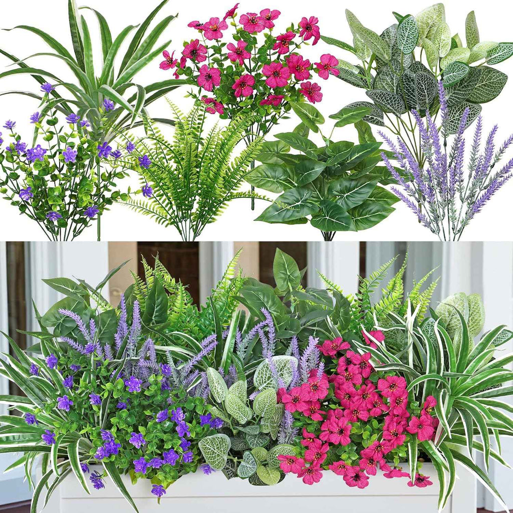 20 Bundles Artificial Plants Outdoor Fake Flowers Faux Greenery Stems | DEMIUKO UV Resistant Fake Ferns Shrubs Plastic Plants for Garden Patio Porch Yard Window Box Home Decor