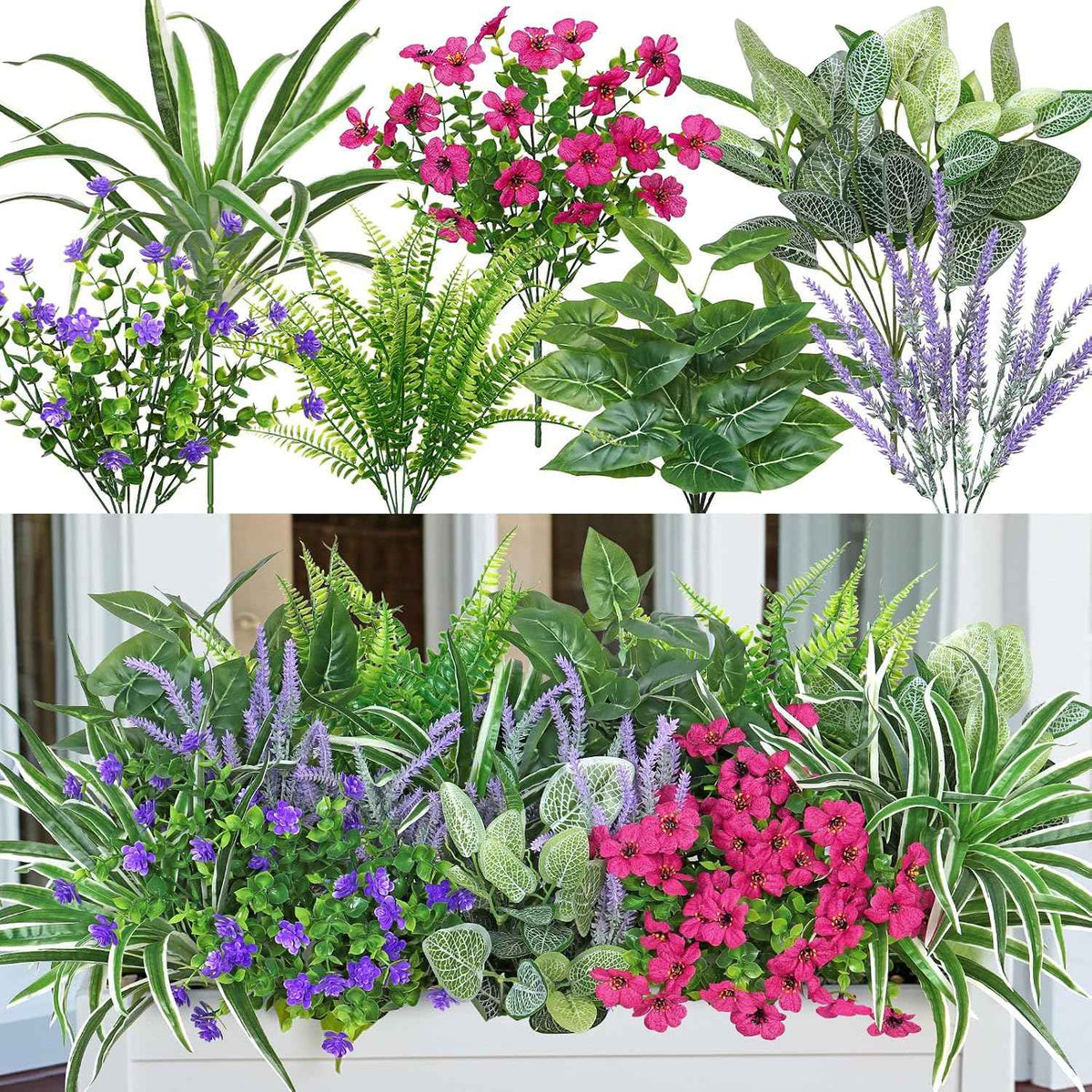 20 Bundles Artificial Plants Outdoor Fake Flowers Faux Greenery Stems | DEMIUKO UV Resistant Fake Ferns Shrubs Plastic Plants for Garden Patio Porch Yard Window Box Home Decor