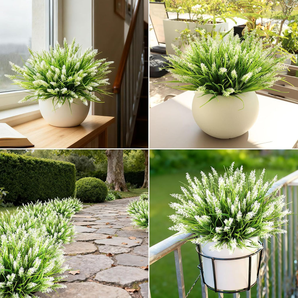 16PCS Artificial Flowers Outdoor, Fake White Monkey Grass Plants | UV Resistant, Plastic, Planter Filler for Hanging Baskets, Window Boxes & Planters, Porch, Patio Outdoor Decor