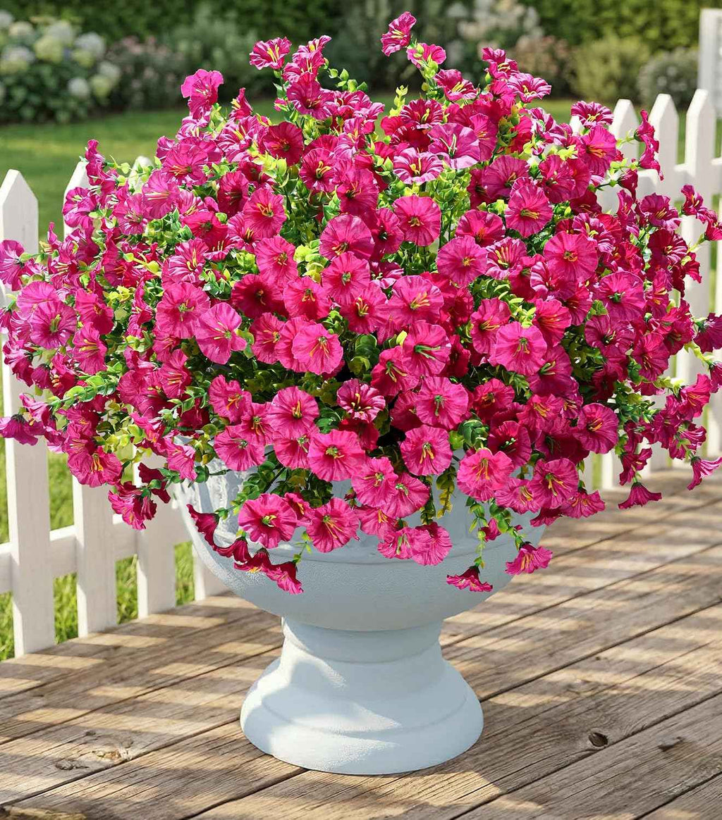 Artificial Flowers Fake Plants for Outdoors Decoration, 12 Bundles Silk Morning Glory with Eucalyptus Realistic UV Resistant Fuchsia Faux Flowers for Outside Planter Yard Patio Garden Home Indoor Urn