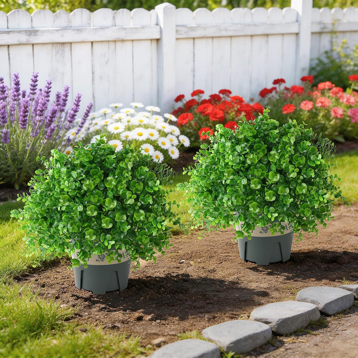 2 Pack Artificial Boxwood Topiary Trees Fake Plants for Outdoor Front Porch | UV-Resistant, Faux Realistic Greenery Potted Bushes with Pots for Front Door, Porch, Farmhouse, Garden Decor