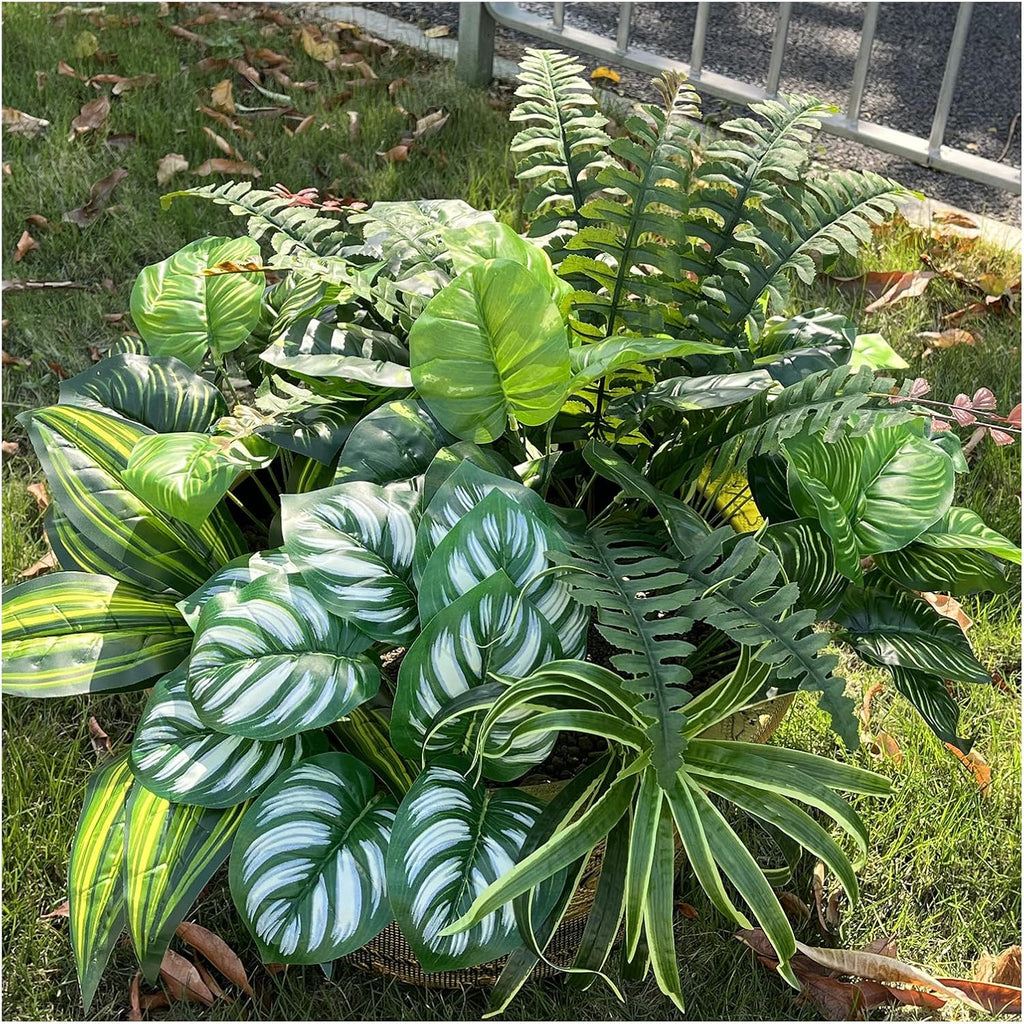 Large Realistic Faux Outdoor Plants, Artificial Greenery Set | Silk Leaves, UV Resistant Plastic Stems, Patio, Porch, Garden Decor, Lifelike Plants for Planters and Front Door Decorations
