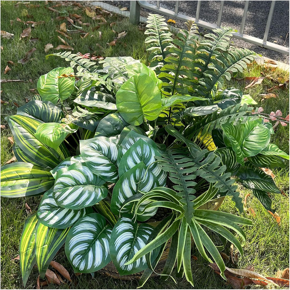 Large Realistic Faux Outdoor Plants, Artificial Greenery Set | Silk Leaves, UV Resistant Plastic Stems, Patio, Porch, Garden Decor, Lifelike Plants for Planters and Front Door Decorations