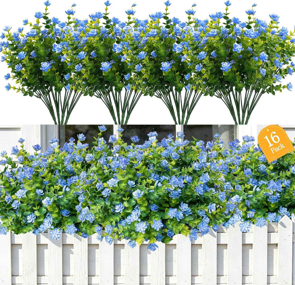 No Fade Artificial Flowers Outdoors, 16 Bundles Realistic Floral Greenery Plants UV-Anti Plants Fake Boxwood for Outdoor Indoor Home Garden Porch and Window Box Décor – Blue