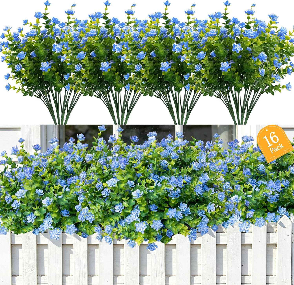 No Fade Artificial Flowers Outdoors, 16 Bundles Realistic Floral Greenery Plants UV-Anti Plants Fake Boxwood for Outdoor Indoor Home Garden Porch and Window Box Décor – Blue