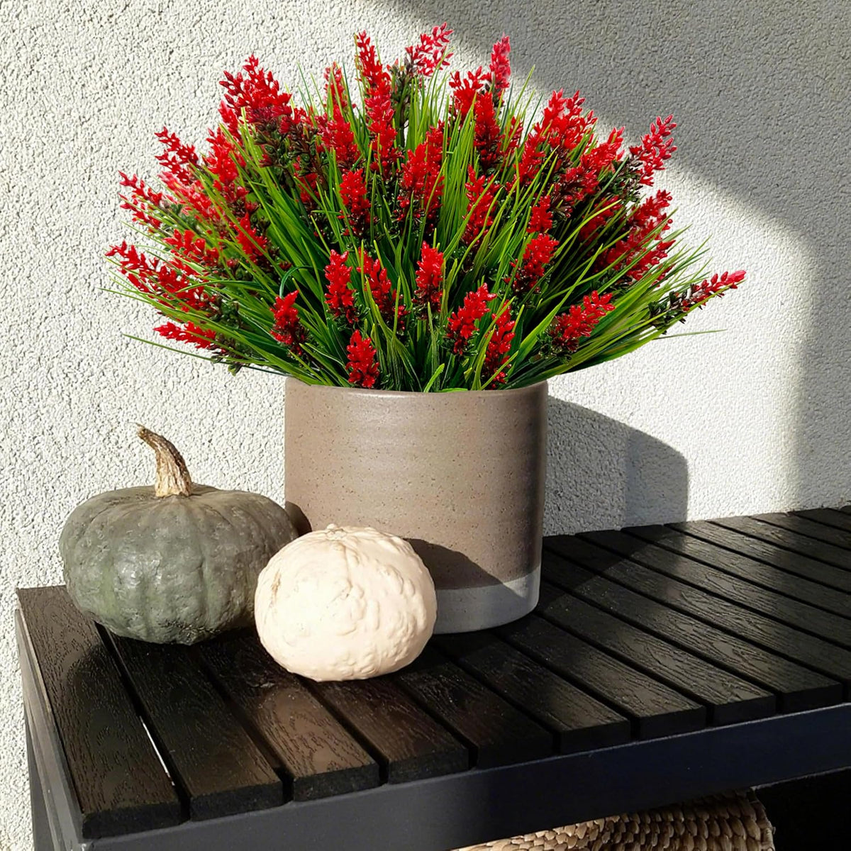 Artificial Plants Outdoor Fake Monkey Grass 12 Bundles Fake Outdoor Flowers | Red Artificial Flowers UV Resistant Fake Plants Outdoor Faux Greenery for Porch Pathway Yard Fall Winter Décor Outside Indoor