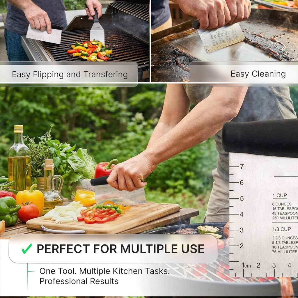 Metal Spatula Stainless Steel and Scraper - Professional Chef Griddle Spatulas Set of 3 - Heavy Duty Accessories Great for Cast Iron BBQ Flat Top Grill Skillet Pan - Commercial Grade