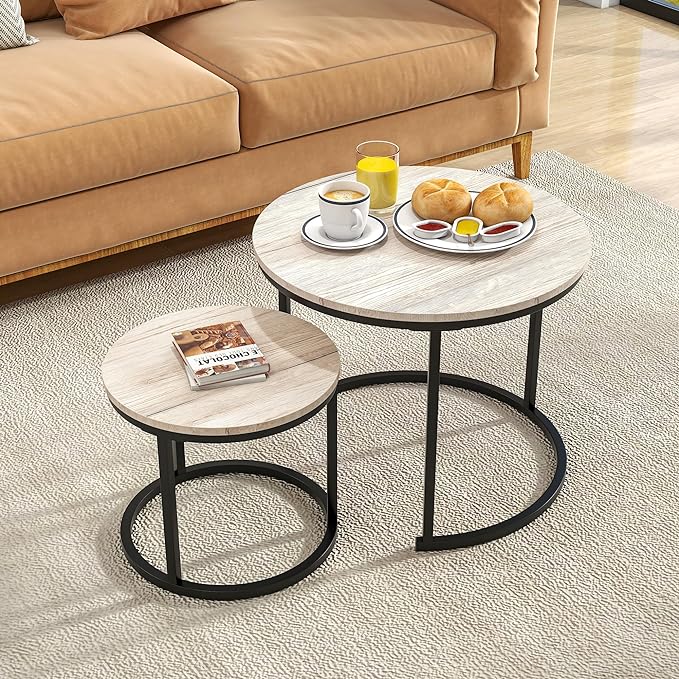 HOJINLINERO Round Coffee Table, Nesting Coffee Table Set of 2, Center Tables by HOJINLINERO