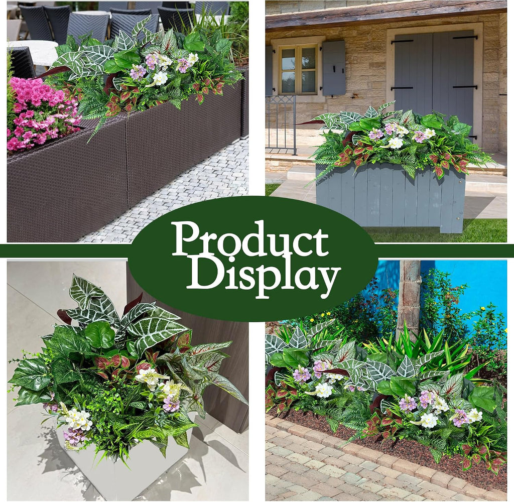 20Pcs Artificial Plants Outdoor Fake Greenery & Flowers Faux Plastic Bushes Leaves UV Resistant for Outdoor Planters Porch Garden Patio Front Porch Window Box Farmhouse Wedding Decor