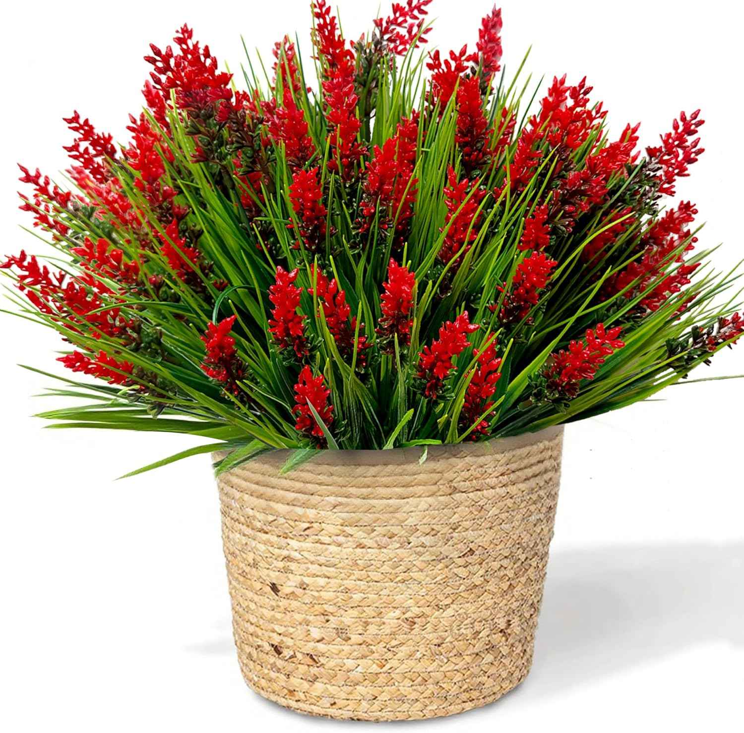 Artificial Plants Outdoor Fake Monkey Grass 12 Bundles Fake Outdoor Flowers | Red Artificial Flowers UV Resistant Fake Plants Outdoor Faux Greenery for Porch Pathway Yard Fall Winter Décor Outside Indoor