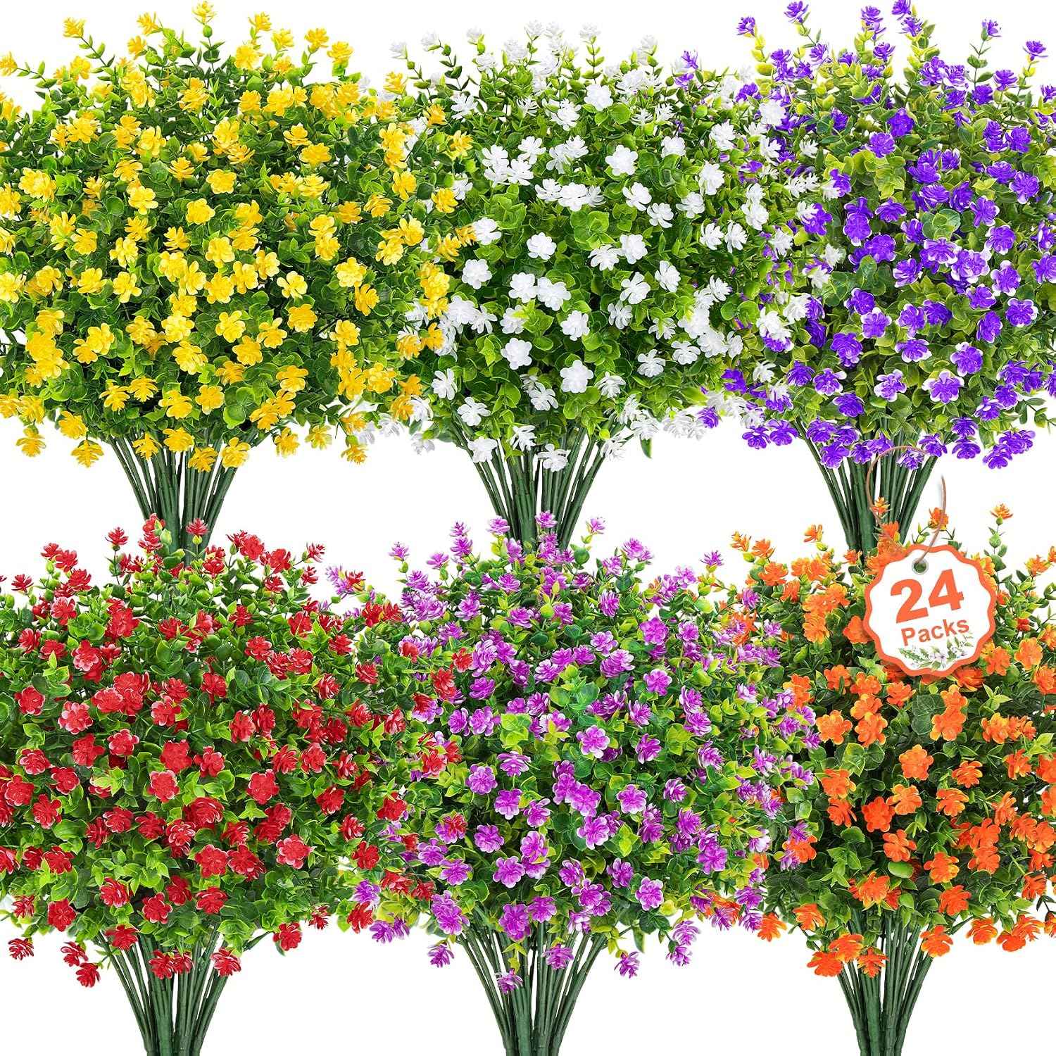 24 Bundles Artificial Flowers for Outdoors, Mixed Color | Faux plastic flowers, UV resistant, fake greenery shrubs plants, spring summer porch window garden planter home decor