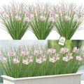 24 Bundles Artificial Onion Grass with Flowers Outdoor Tall Fake Shrubs | UXORSN UV Resistant Onion Grass with Pink Flowers Faux Greenery Stems Artificial Bushes for Garden Porch Window Box Decor