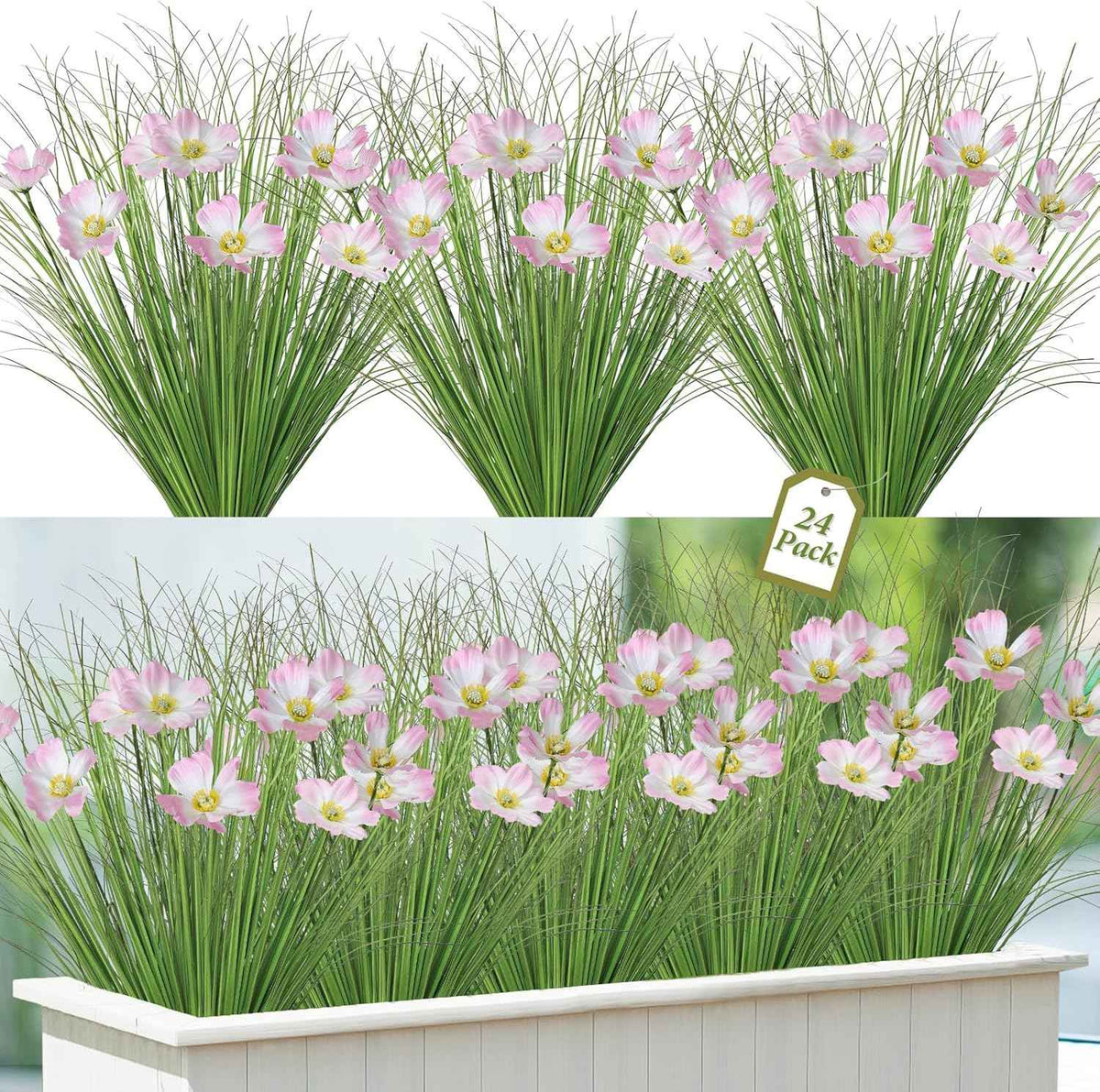 24 Bundles Artificial Onion Grass with Flowers Outdoor Tall Fake Shrubs | UXORSN UV Resistant Onion Grass with Pink Flowers Faux Greenery Stems Artificial Bushes for Garden Porch Window Box Decor