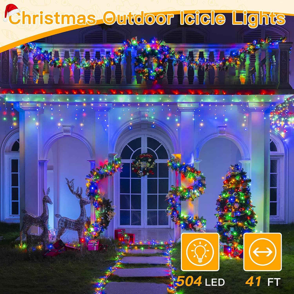 Ollny Icicle Lights for Outside 504LED 41FT, Multicolor Christmas Light with Remote 8Modes Timers Waterproof, Plug in Connectable Hanging Lights for Outdoor Indoor House Roof Holiday