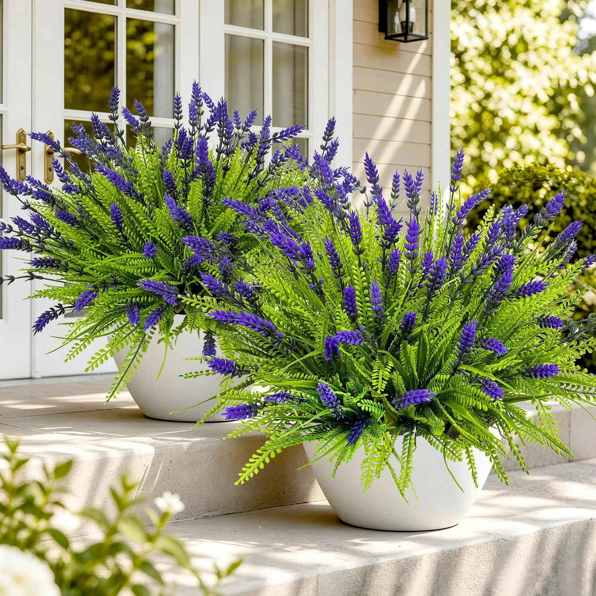 Artificial Plants Outdoor Faux Plants UV Resistant, 17.8" Realistic Faux Artificial Flowers Outdoor Fake Lavender with Monkey Grass Plastic Greenery Shrubs for Porch Garden Patio Window Box